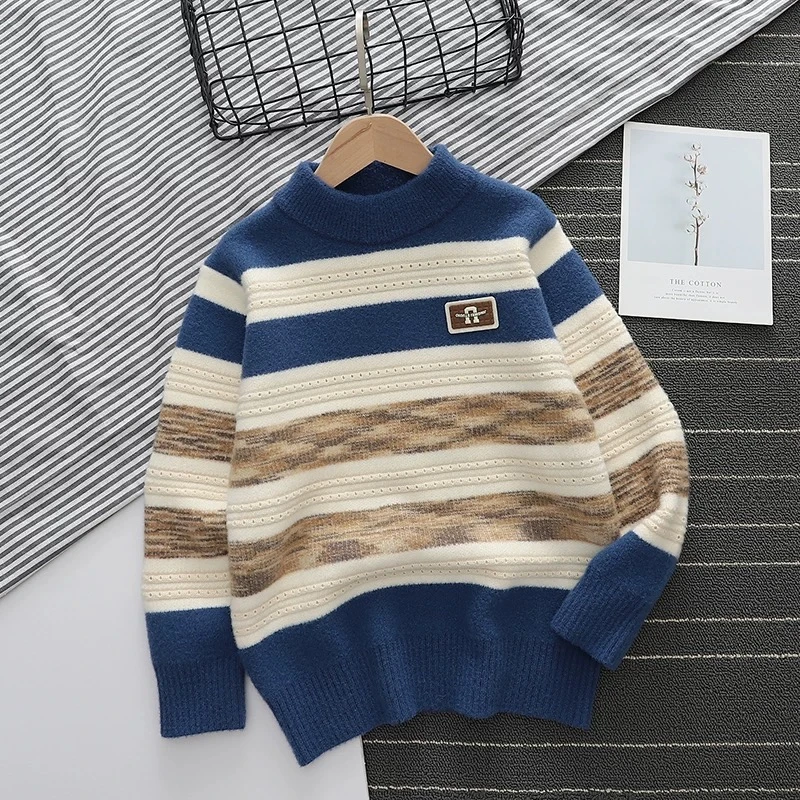 加厚款秋冬男童毛衣中大童2024新款圆领韩国绒不起球男孩针织衫