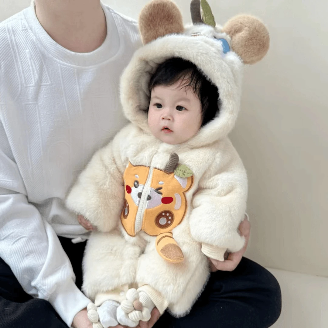 婴幼儿卡通连体衣冬季加厚保暖哈衣男女宝宝洋气外出服冬装毛毛衣