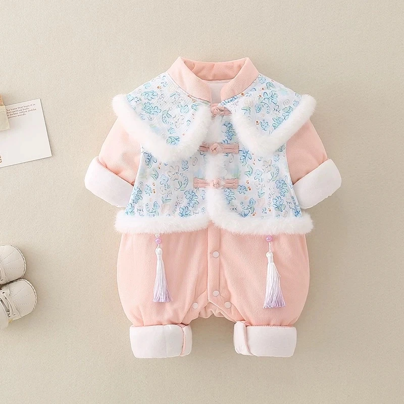 新款冬装衣服冬季汉服新生儿连体衣女宝宝冬装拜年服周岁礼爬爬衣