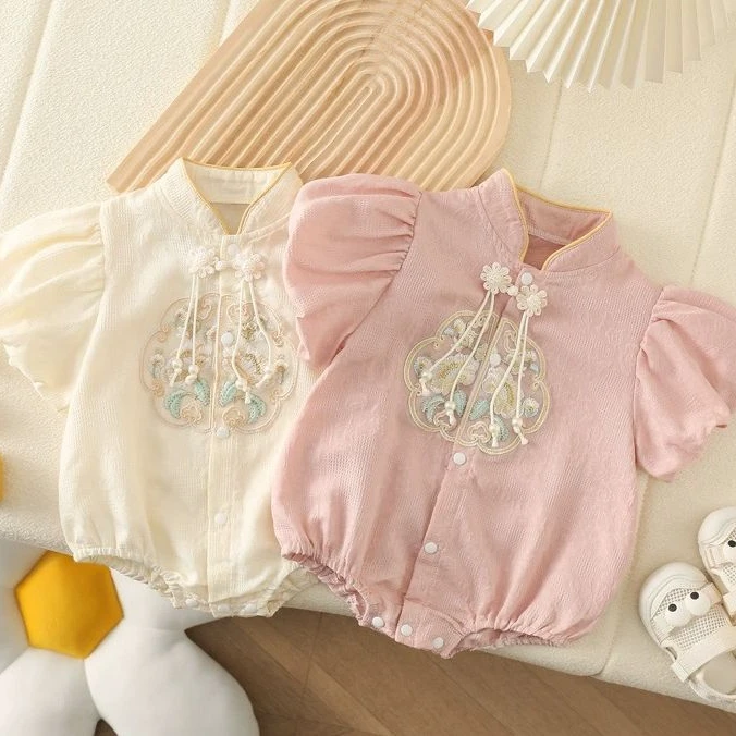 婴儿夏装包屁衣新生女宝宝夏季中国风连体衣公主短袖百天包屁衣