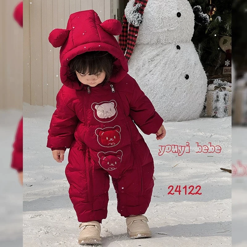 婴儿三只小熊满月百天周岁日常外出服哈衣白鸭绒羽绒服4123