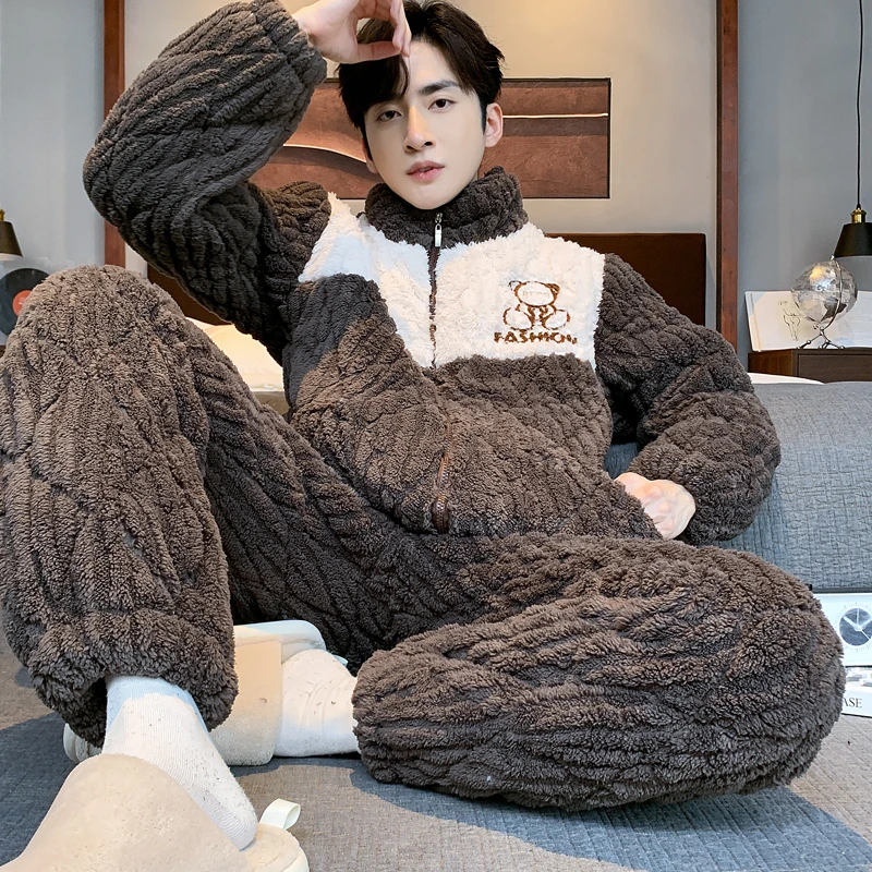 冬季睡衣男加厚加绒珊瑚绒三层夹棉袄冬款保暖法兰绒可外穿家居服
