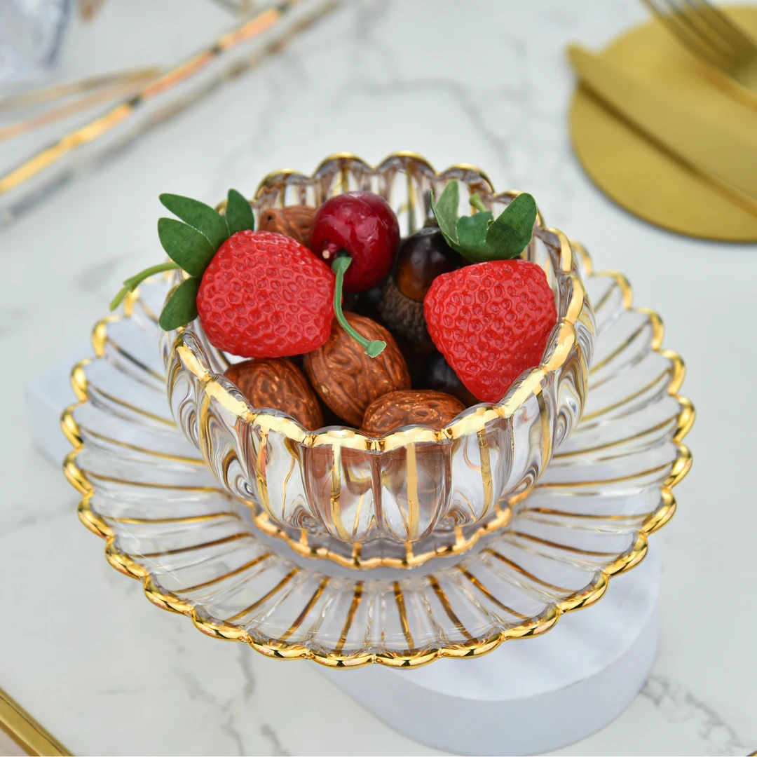 【金像】D100条纹套装花朵绽放型小碗小碟水果碗描黄金线(KTW269)