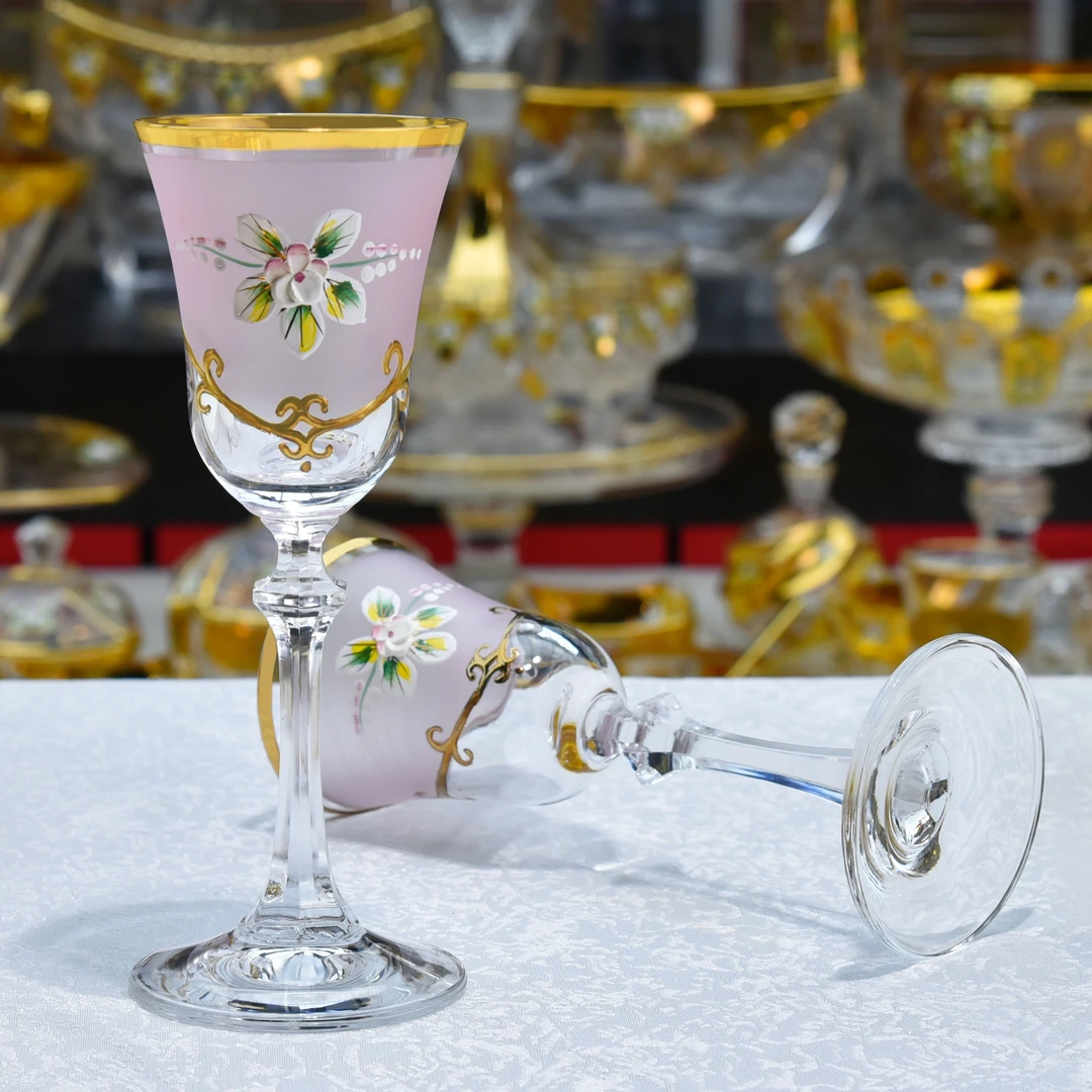 【金像】高脚红酒杯 粉色蒙砂+真金珐琅花 家用 鸡尾酒杯