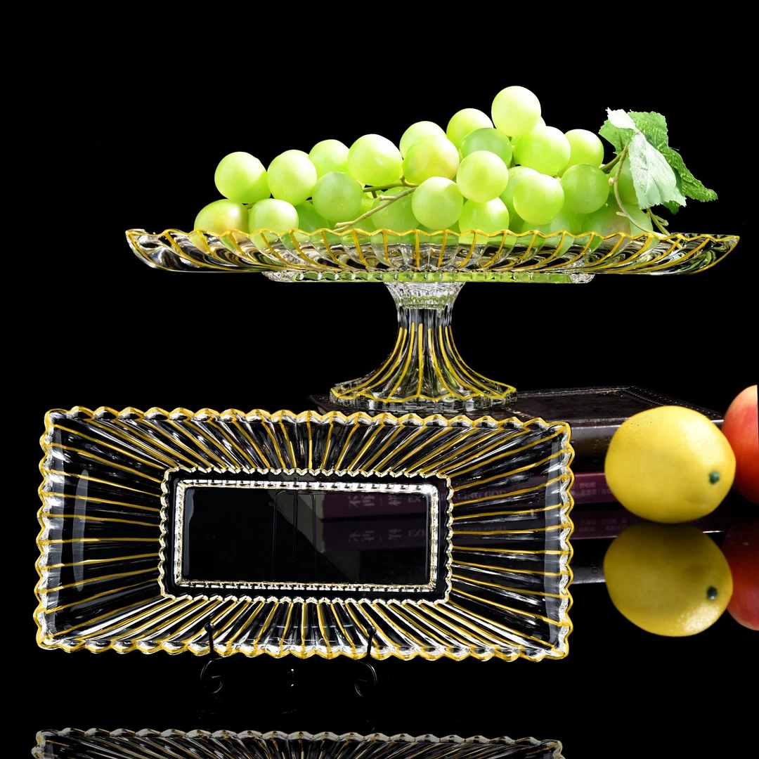【金像】D380条纹长方盘描黄金线复古轻奢创意家用玻璃水果盘简约