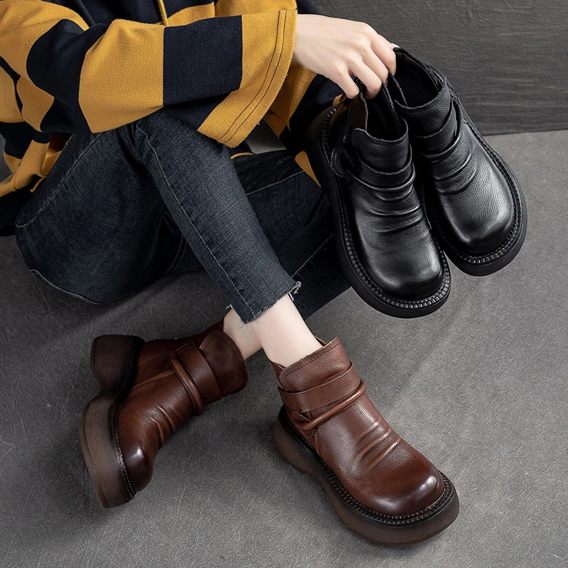 2024新款复古风褶皱松糕跟女短靴头层牛皮后拉链休闲女鞋D10-7722