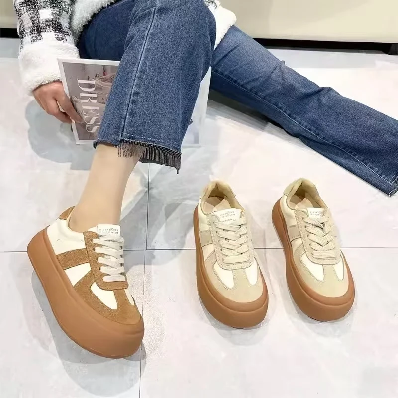 复古德训鞋女2024年新款加绒厚底增高百搭拼色运动板鞋S5-3619