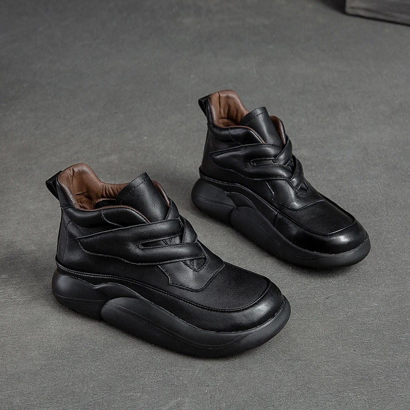 厚底高帮鞋女2024新款秋季英伦风真皮复古软底棕色休闲鞋D4-7066