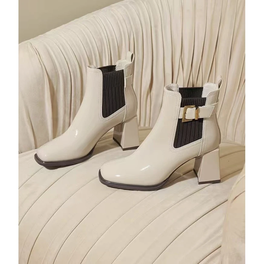 短靴女秋冬薄绒2024新切尔西瘦瘦靴粗跟短筒厚底靴子F1-6009-118