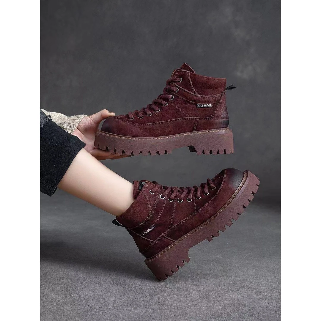 头层牛皮马丁靴女2024秋季新款真皮复古短靴休闲高帮鞋G6-1065