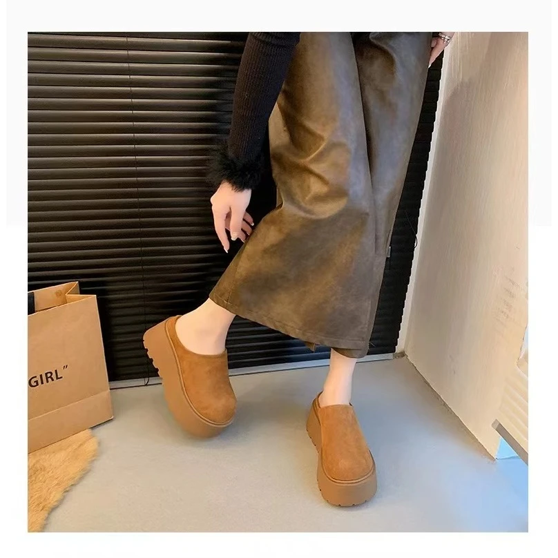 真皮厚底包头半拖鞋女外穿增高毛毛鞋秋冬加绒懒人勃肯鞋6678