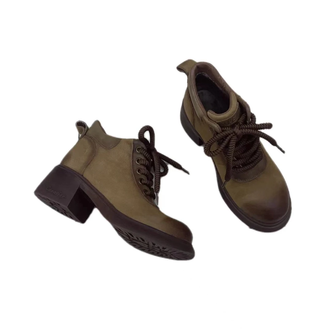 厚底系带马丁靴女2023春秋季新款复古英伦风粗跟加绒L3-21818-1