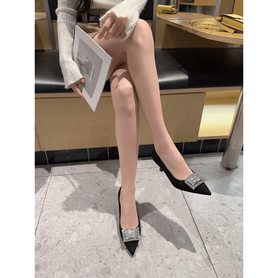 法式水钻方扣高跟韩版新款小众设计气质尖头绒面细跟单鞋G7-3739