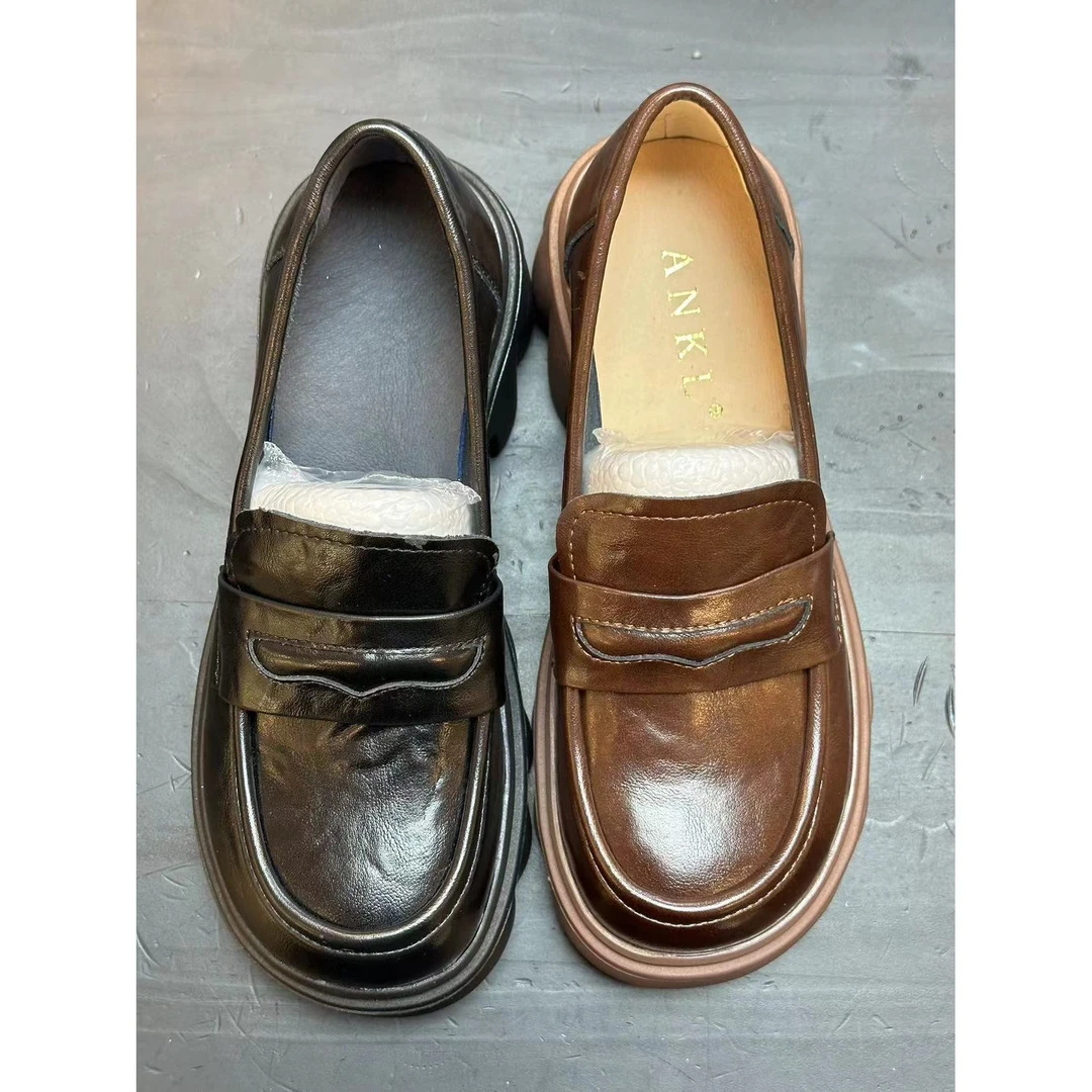 英伦风小皮鞋2024春季新款真皮透气乐福鞋女粗跟休闲单鞋22088-2