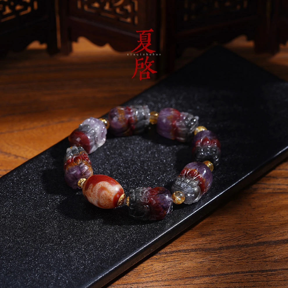 【长安】夏启珠宝 天然极光23水晶貔貅手串孤品高货收藏精雕金牙
