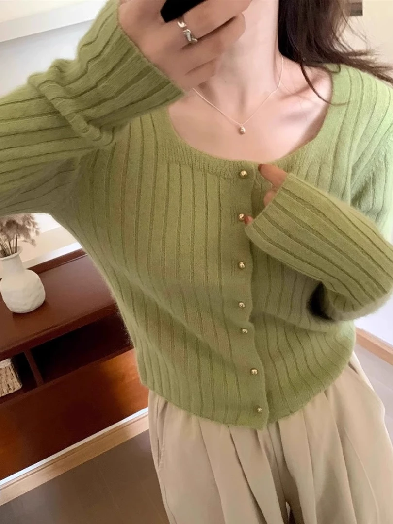 方领短款毛衣针织开衫女春秋冬2024新款外套修身内搭长袖针织打底