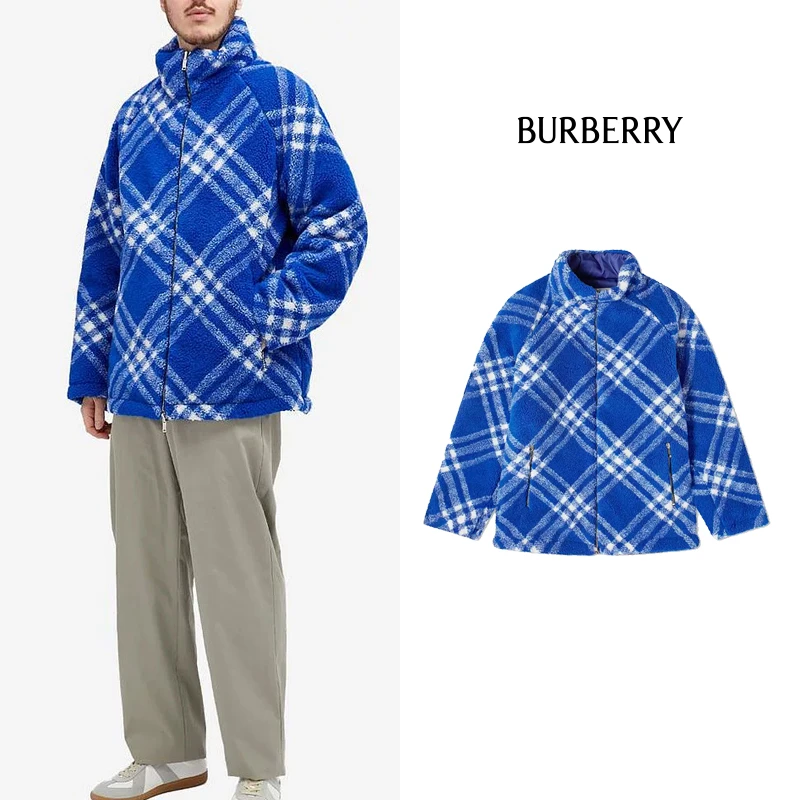 全新未使用 BURBERRY/博柏利 蓝色经典格纹提花绒面双穿棉服夹克