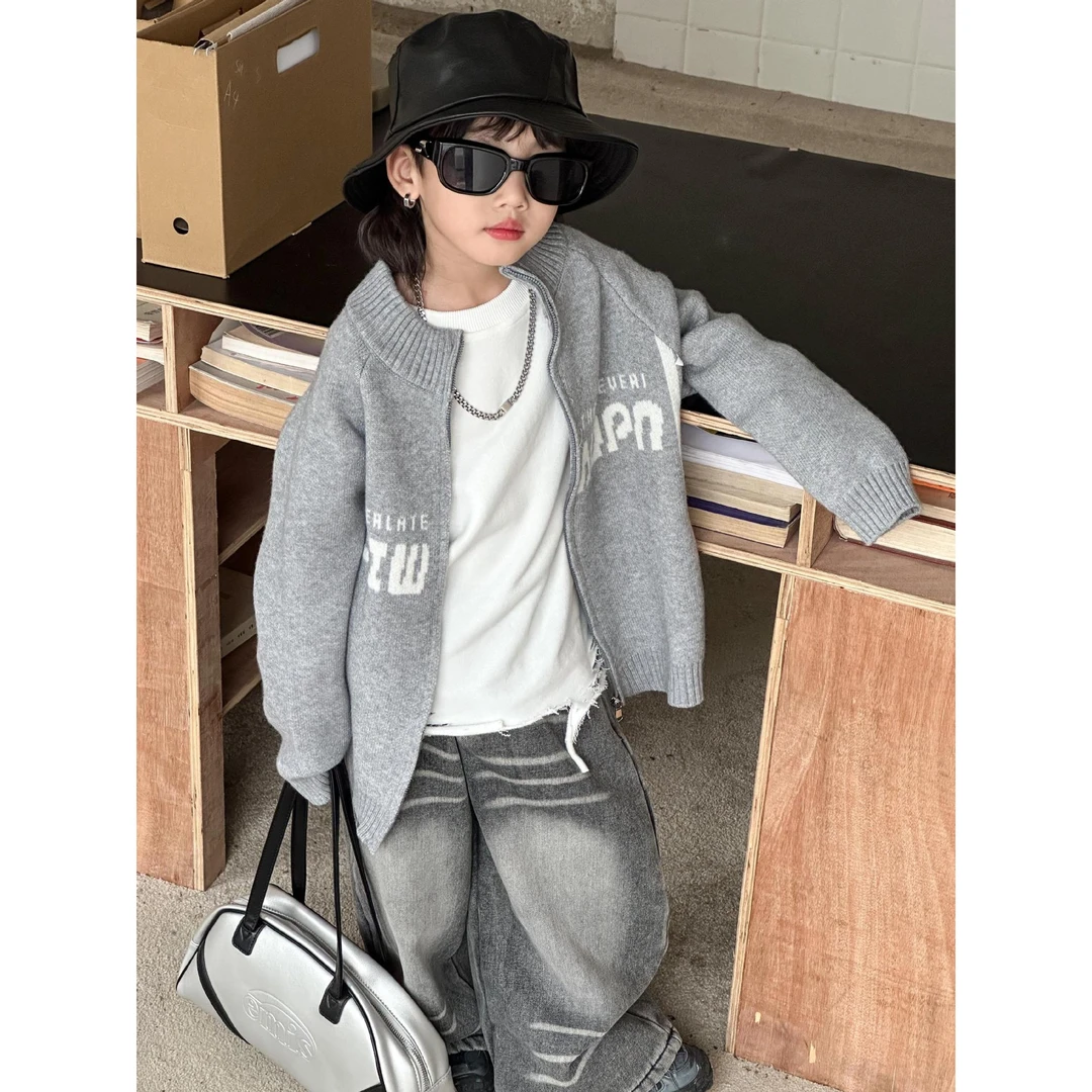 罗大叔2024年秋冬新款毛衣开衫男童中小童时尚百搭潮酷韩版上衣穿