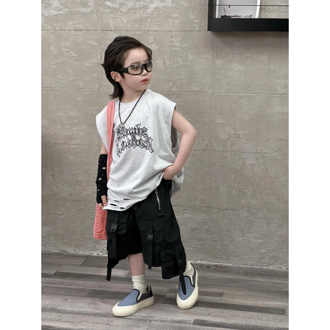 2024年夏季新款儿童背心男童中小童短袖上衣时尚百搭韩版潮酷