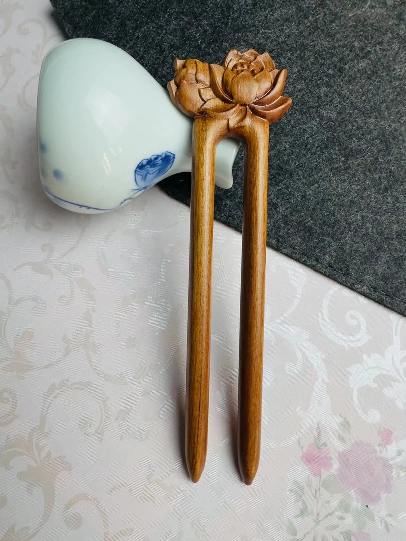 酸枝木【并蒂莲】雕刻双钗
