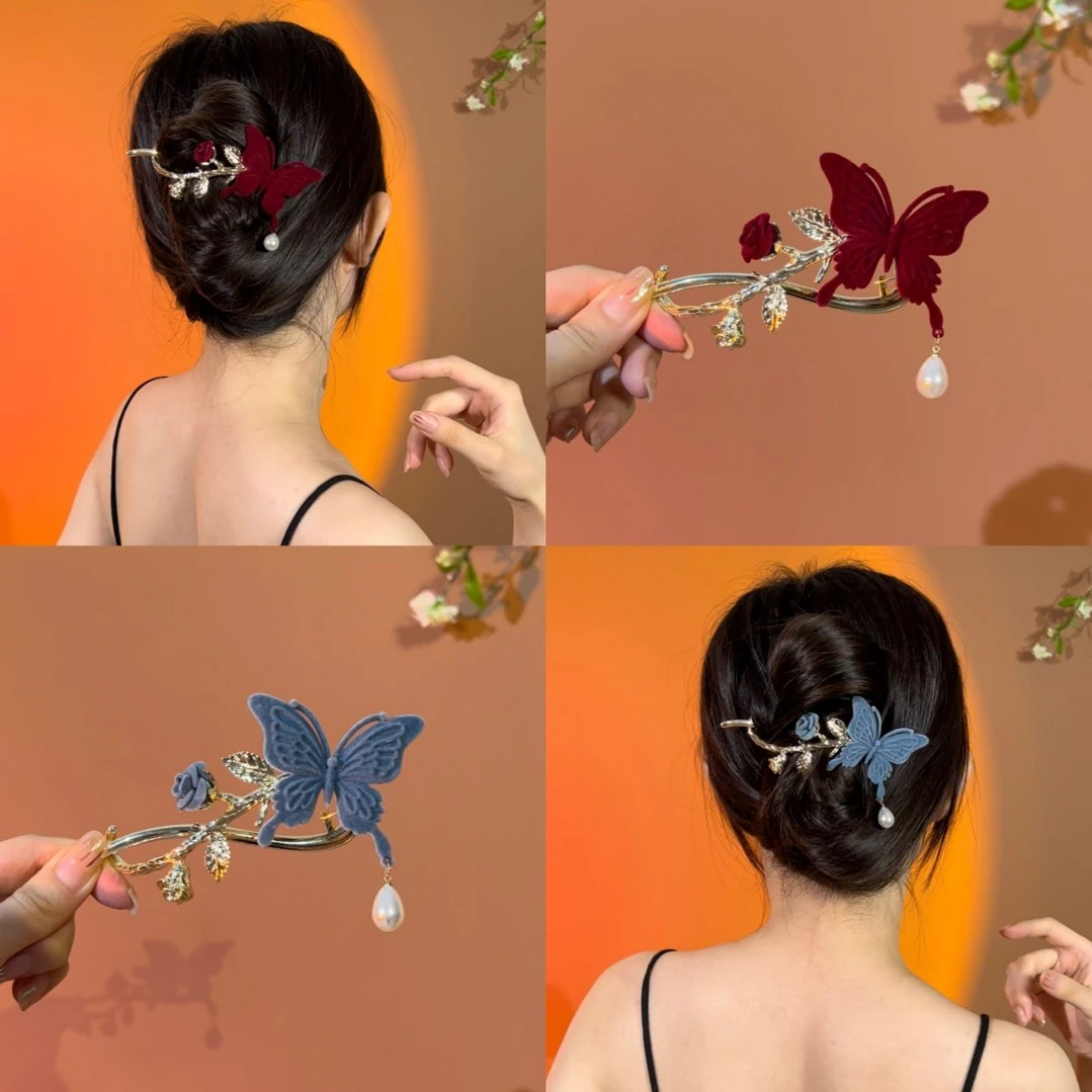 锌合金发饰 早秋植绒大蝴蝶吊珠一字夹扭扭夹精致发夹高级优雅