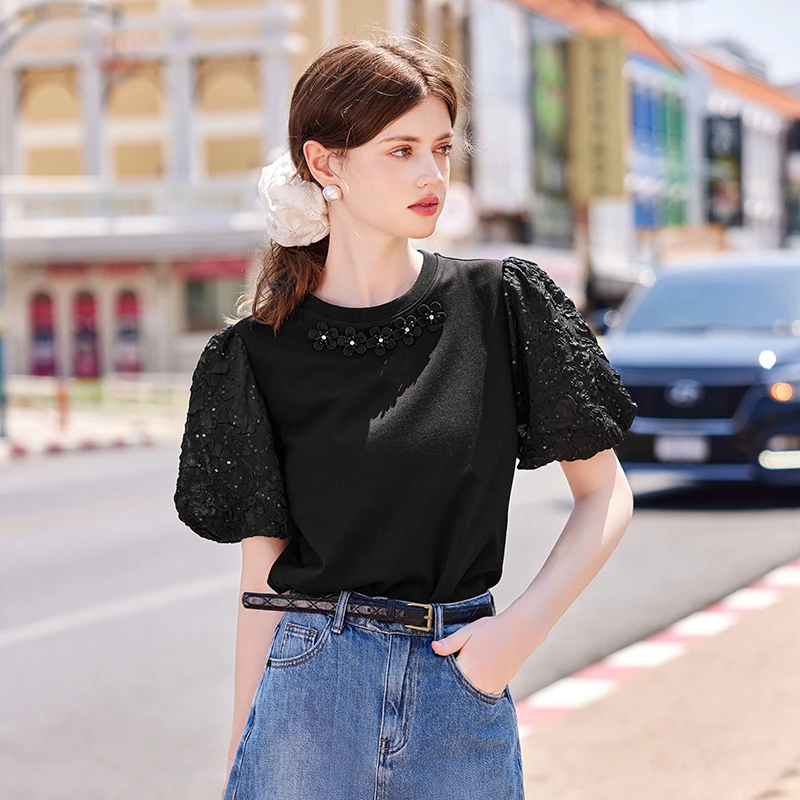 秋水伊人直筒圆领泡泡袖2025年夏季简约百搭上衣624202D200083