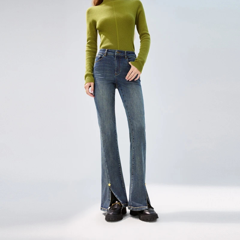 复古风高腰微喇牛仔裤秋新款女气质修身显瘦喇叭裤 624307C170165