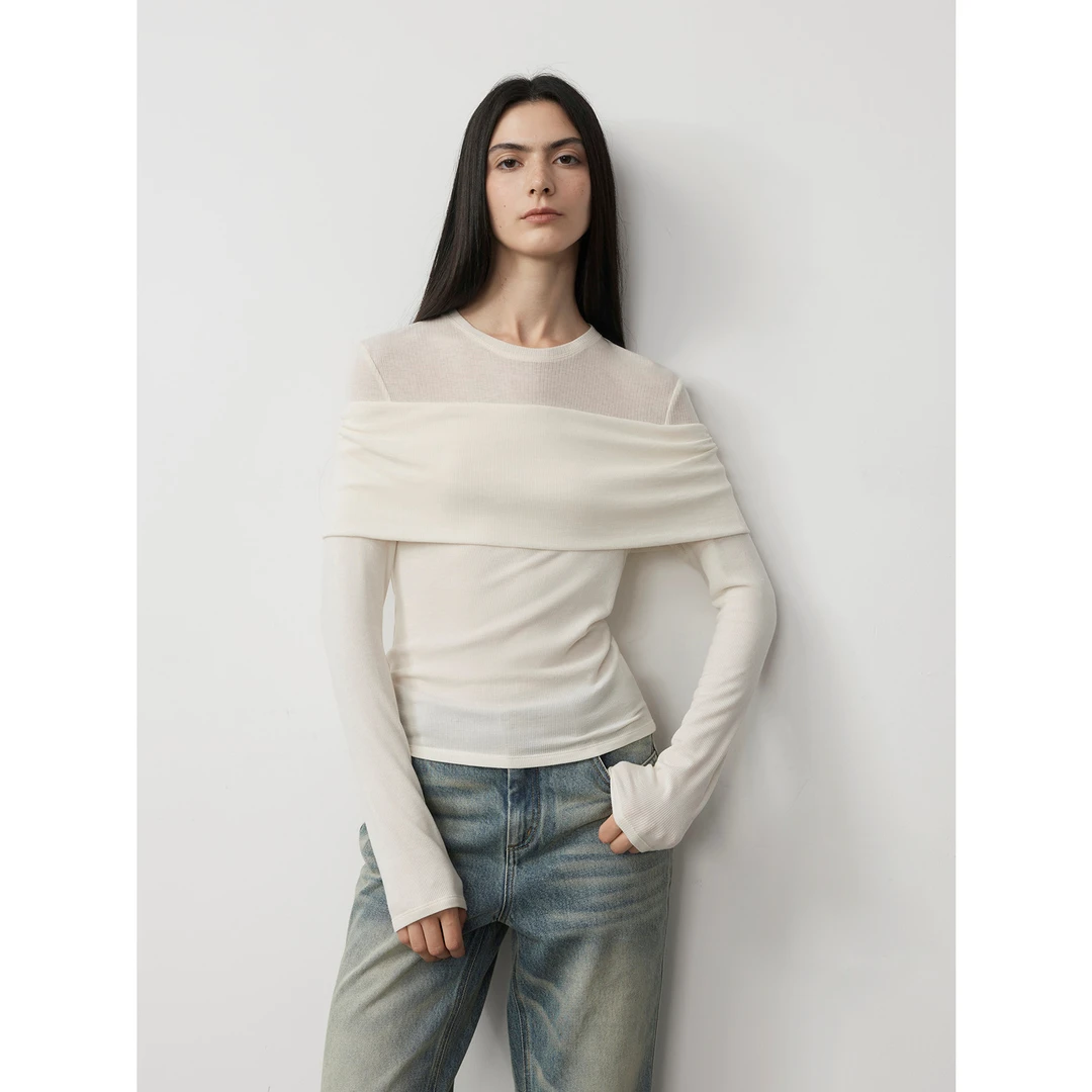 【一件直降】付智恩 假两件拼接上衣 个性层次感天丝羊毛一字肩