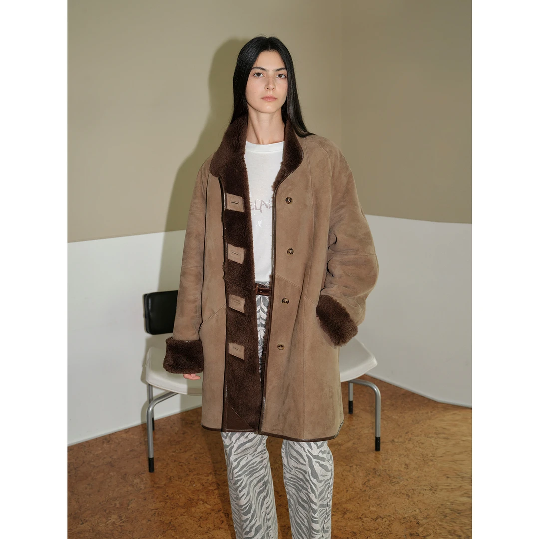 付智恩 暖冬计划 街头休闲复古中长款美利奴皮毛一体皮草外套女冬