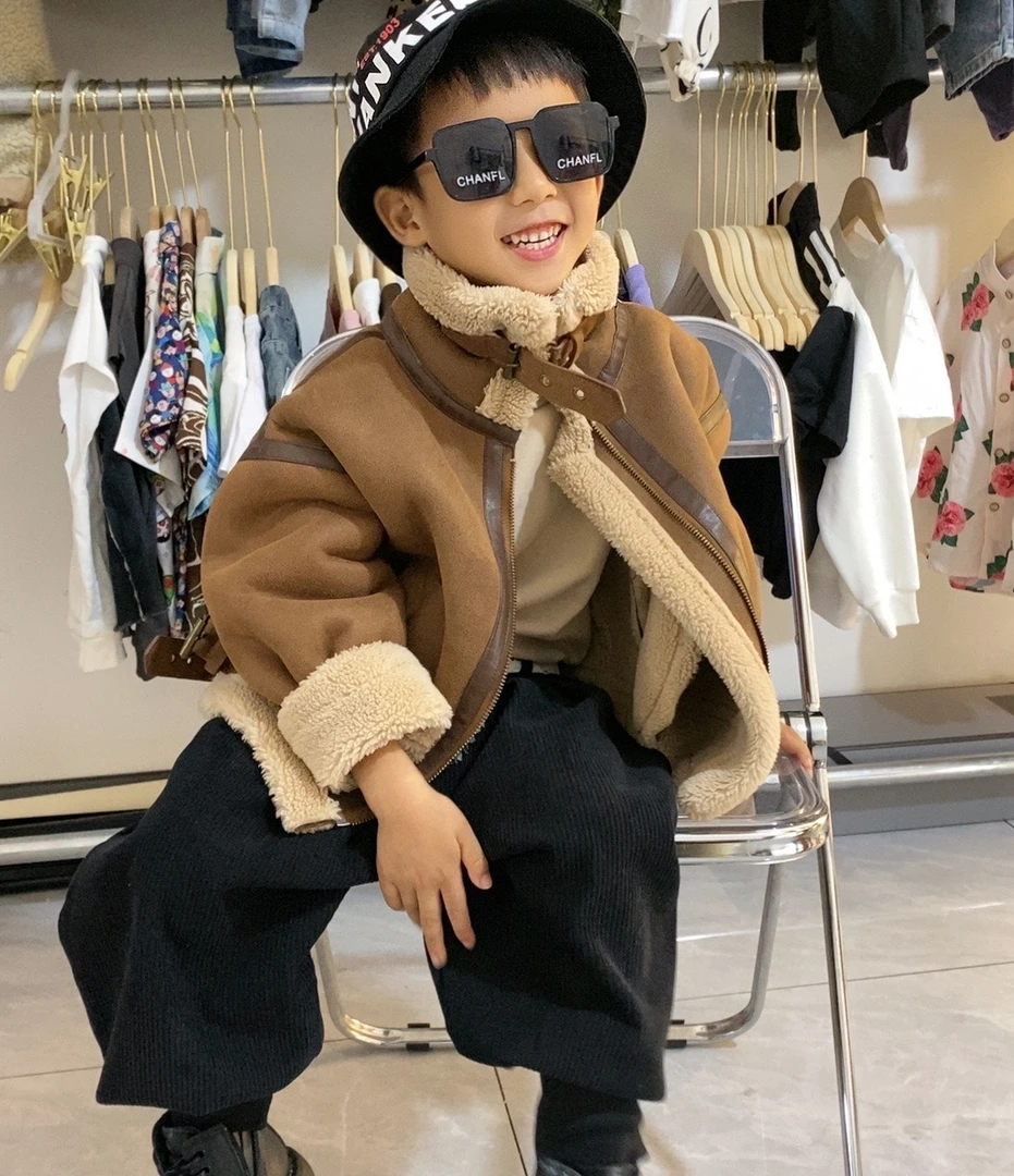 亲子款现货咖色皮毛一体加绒加厚2024男童女童洋气时尚软糯保暖衣
