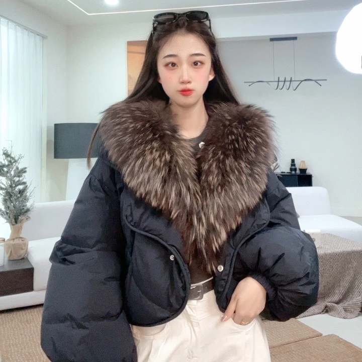 PING「红人上新」冬季网红潮流貉子毛领设计师款短款羽绒服--5086