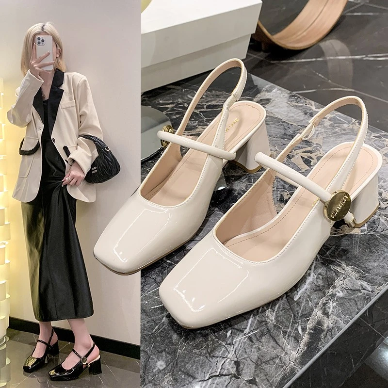 包头凉鞋女玛丽珍仙女风2024春夏新款中跟法式一字带粗跟后空单鞋