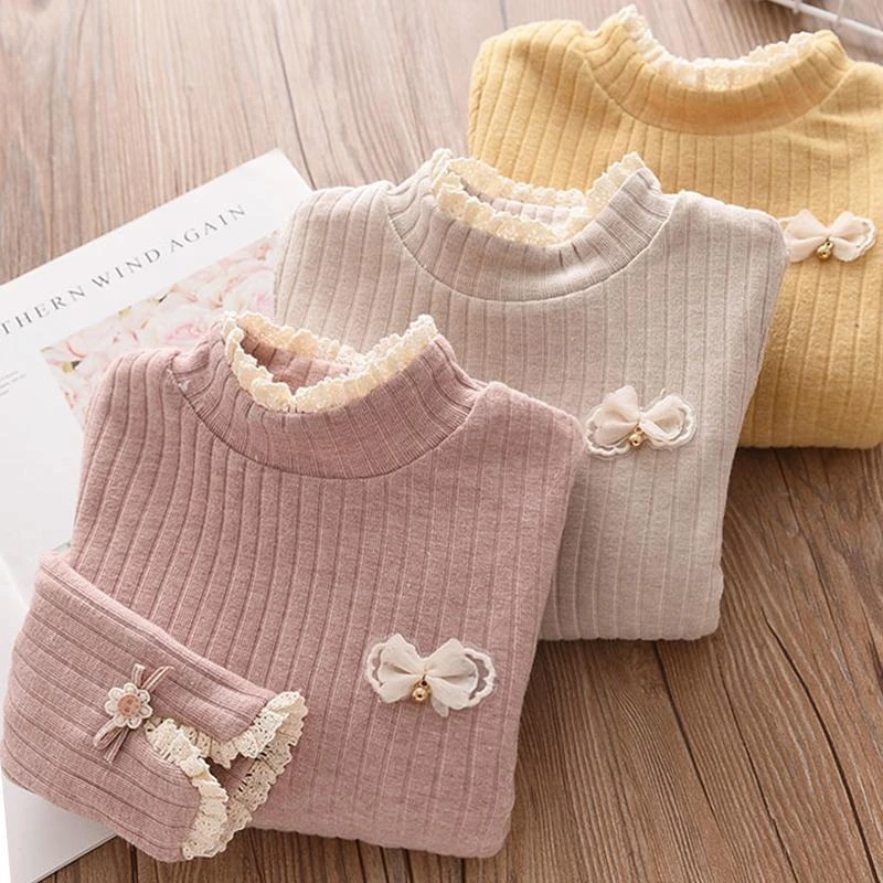 洋气女童加绒加厚打底衫儿童蕾丝花边T恤衫长袖女孩针织冬款上衣.