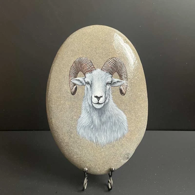 纯手绘防水不掉色丙烯石头画十二生肖羊卧室祝福礼品高端摆件精品