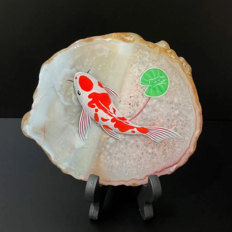 高端纯手绘防水不掉色玛瑙片石头画鱼带荷叶成品节日精品饰品摆件