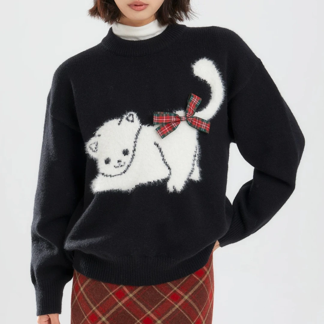 【小巧现货青苍】新款秋冬蝴蝶结屁屁猫慵懒百搭毛衣CCC11309