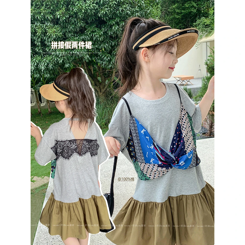 中古裙2】奶油KIDS女童2023夏短袖连衣裙夏季假两件裙子Y5005