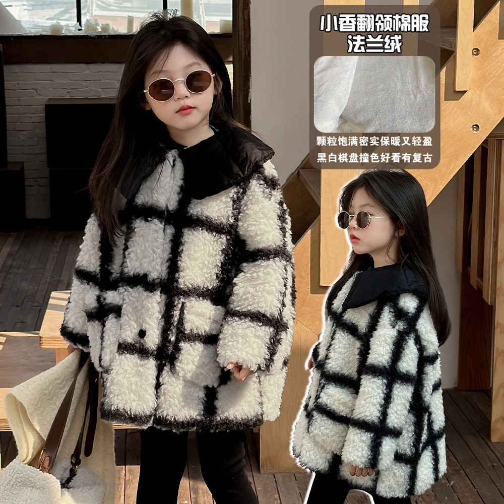 焦点2】奶油kids女童棉服外套冬季儿童洋气格子加绒大衣Y5259