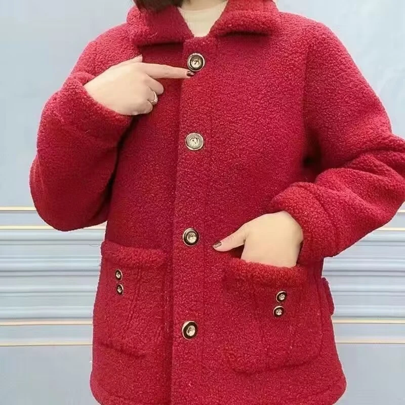 冬季新款中老年女加绒加厚妈妈装双扣保暖羊羔绒外套大码洋气休闲