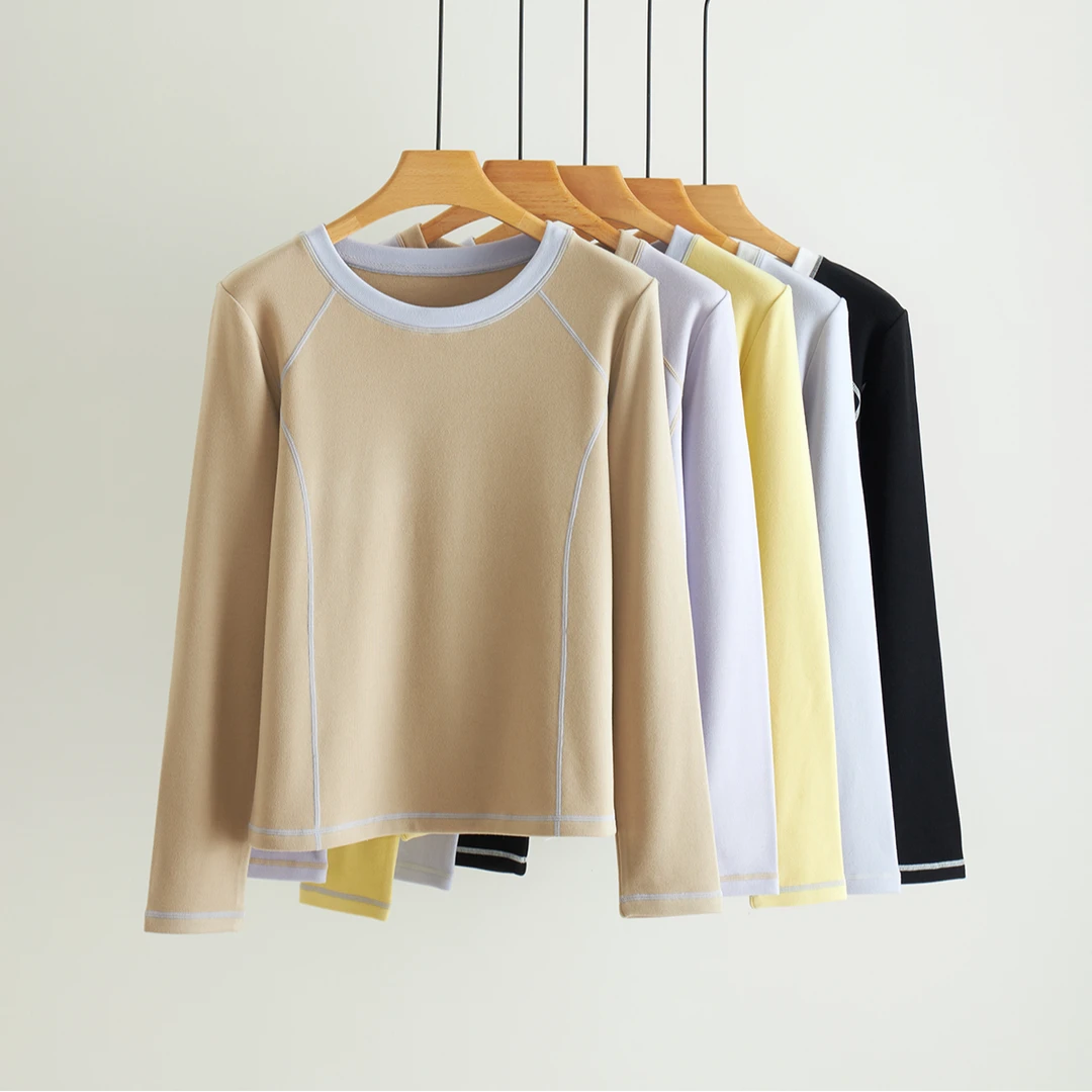 DZ A19303#女士正品德绒撞色圆领打底衫