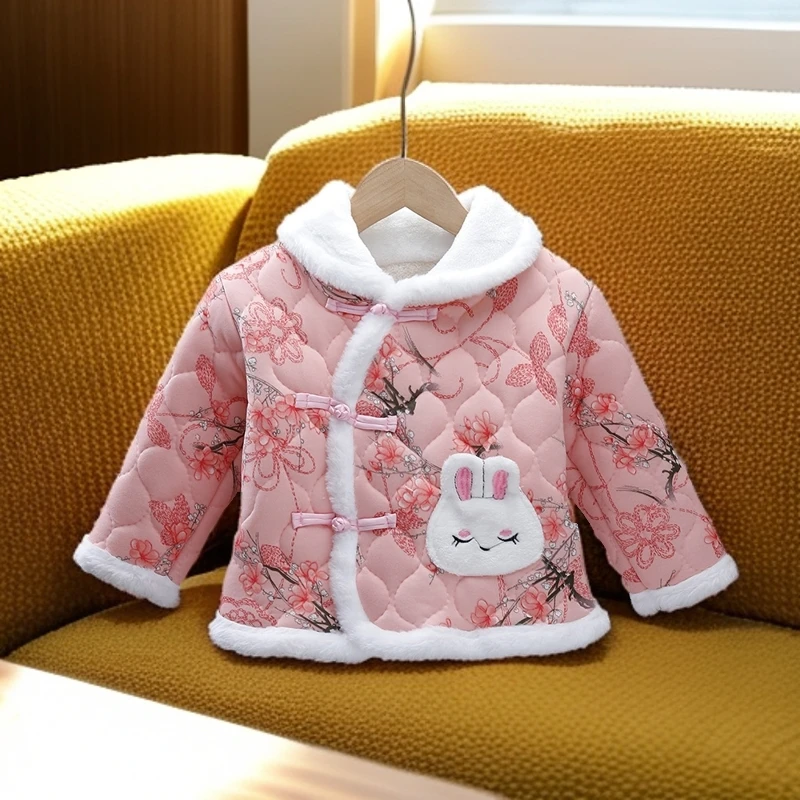 高档现货新款女小童加绒棉袄新款2024儿童宝宝秋冬季新年过年棉服