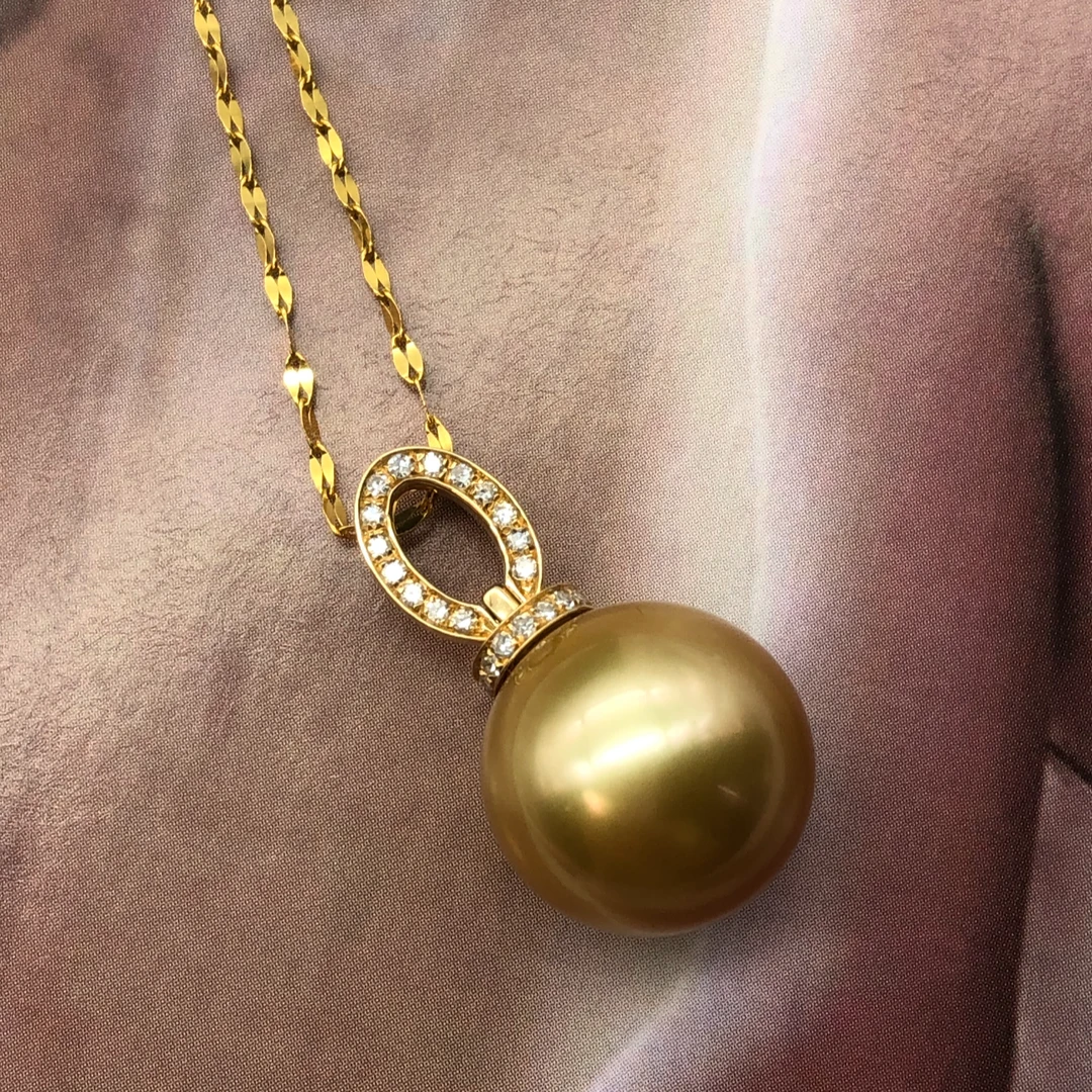 菲律宾南洋金珠吊坠13.3mm浓茶金正圆无暇强光18K金真钻大O字款