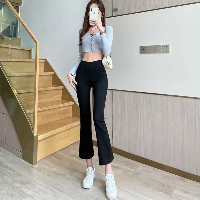 春秋时尚休闲裤女微喇叭外穿开叉薄款夏季黑色个性显瘦弹力八分裤