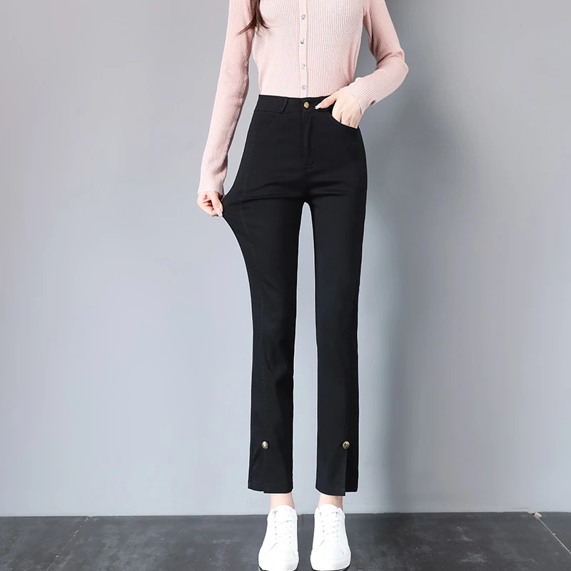 春秋黑色显瘦外穿微喇叭裤女夏季薄款休闲质感直筒时尚开叉九分裤