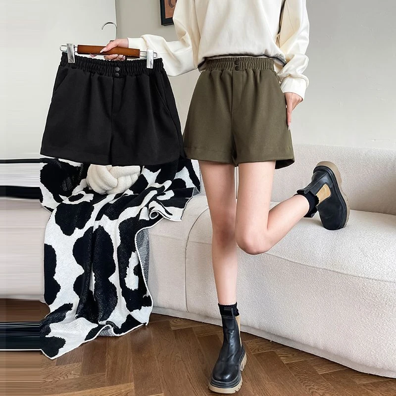 春秋大码显瘦阔腿短裤女时尚外穿百搭运动韩版高腰宽松毛呢打底裤