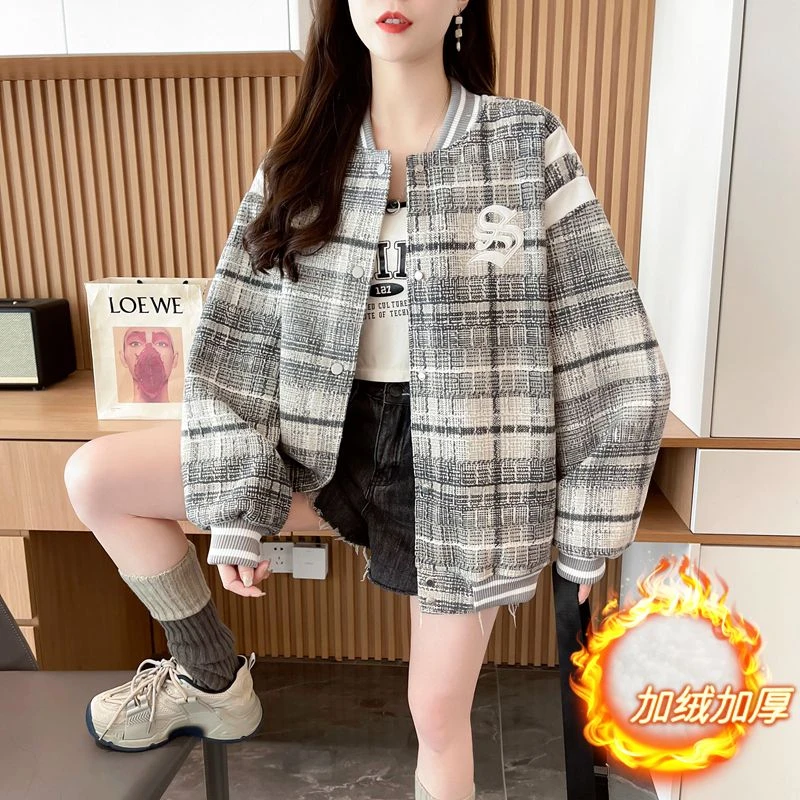 冬季格子刺绣棒球服女韩版加绒加厚宽松休闲时髦百搭毛呢开衫外套