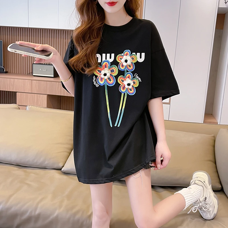 夏季纯棉大码时尚半袖宽松休闲百搭网红ins中长款设计感短袖T恤女