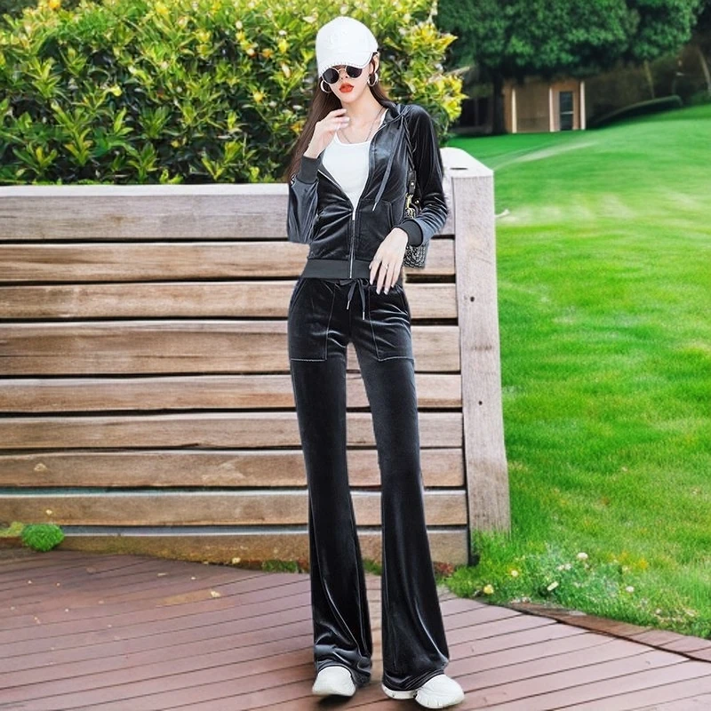 春秋季时尚运动套装女修身显瘦金丝绒气质休闲韩版纯色长袖两件套