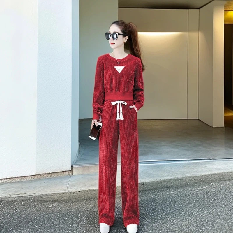 秋冬季气质高腰套装女显瘦时尚休闲灯芯绒宽松网红运动复古两件套