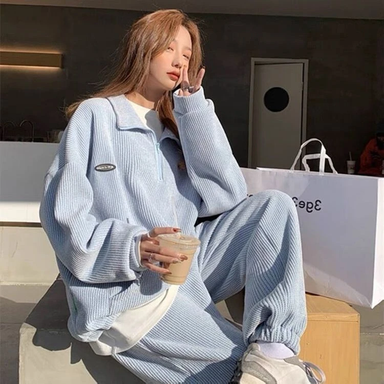 春秋季休闲套装女网红时尚宽松运动华夫格韩版大码学生长袖两件套